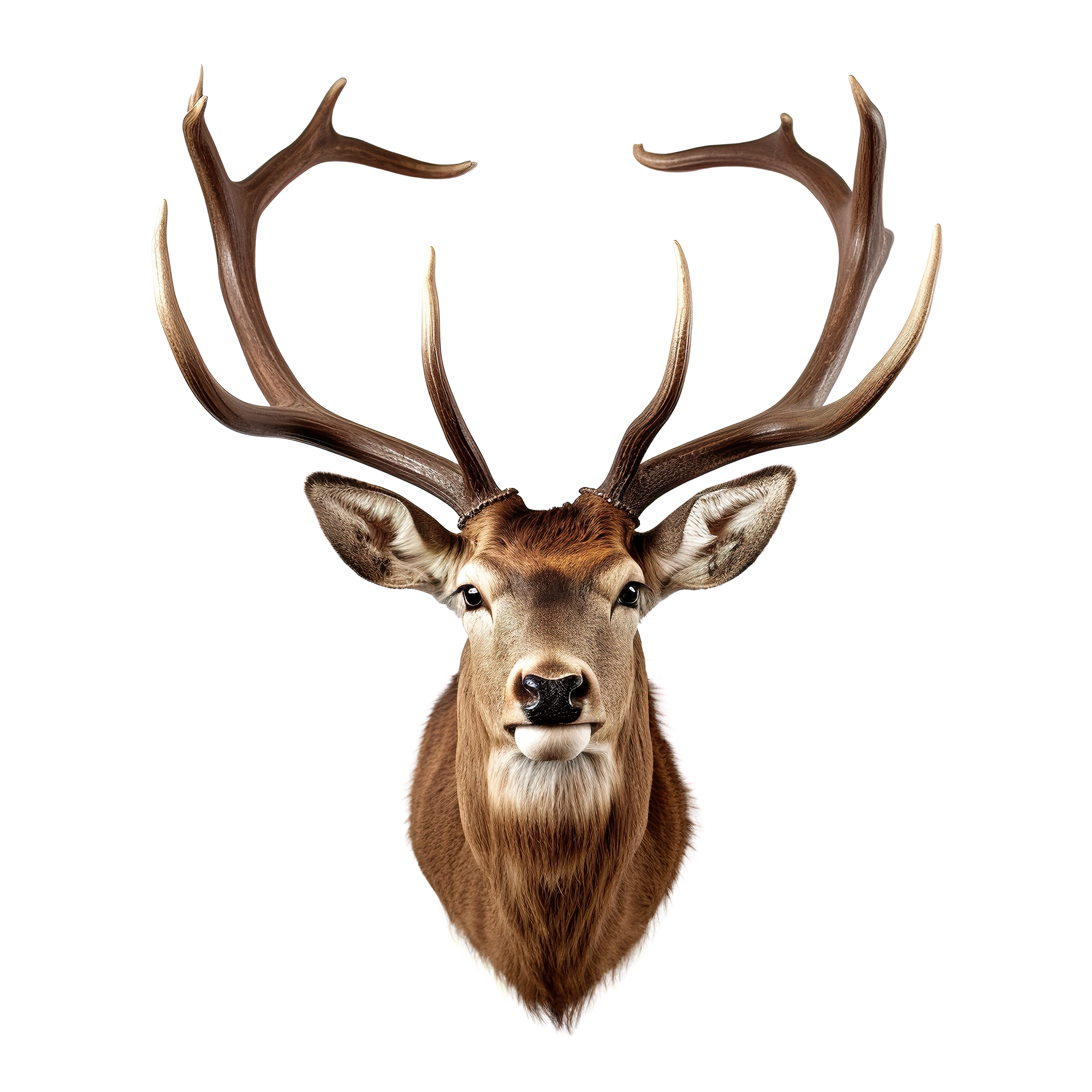 Ein Hirsch mit großen Geweihen und braunem Fell.