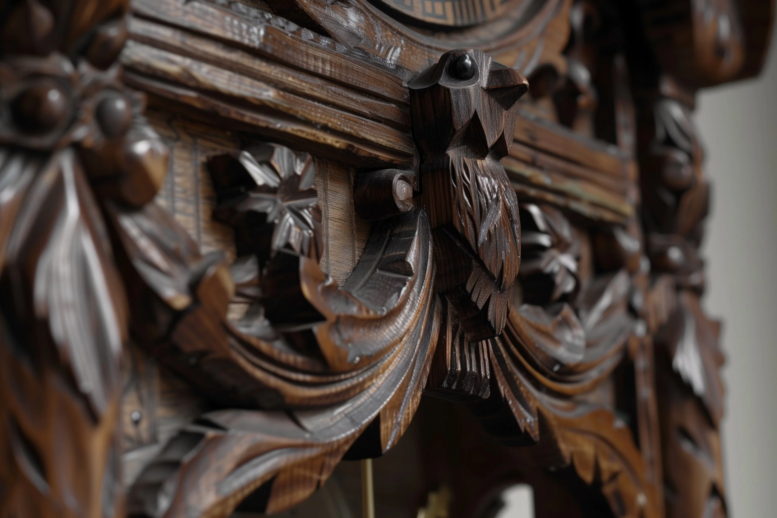 Detailaufnahme eines kunstvoll geschnitzten Holzdekor mit Tiermotiv und Blumenornamenten.