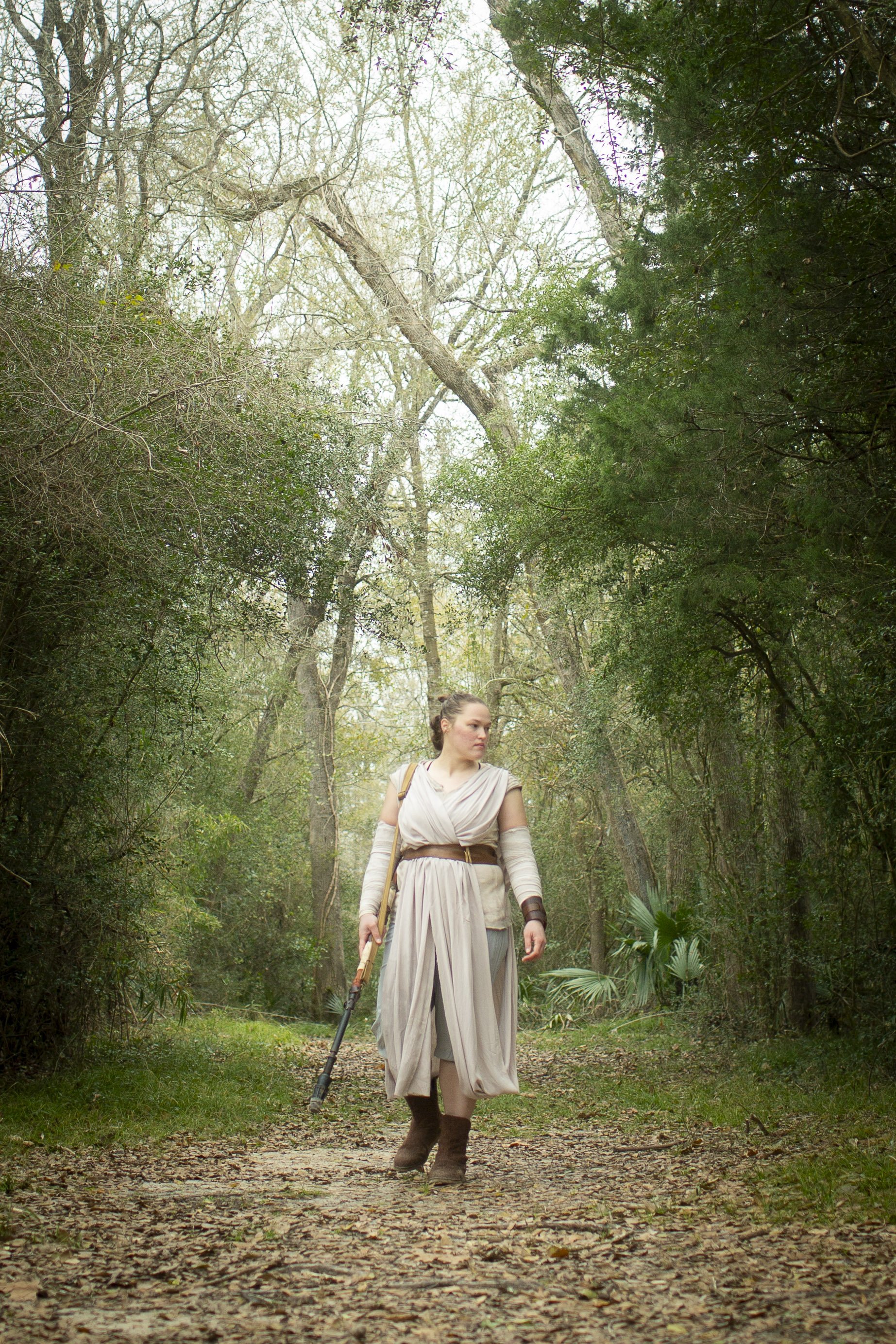 Rey Cosplayer photographed walking through the forest in Conroe, TX