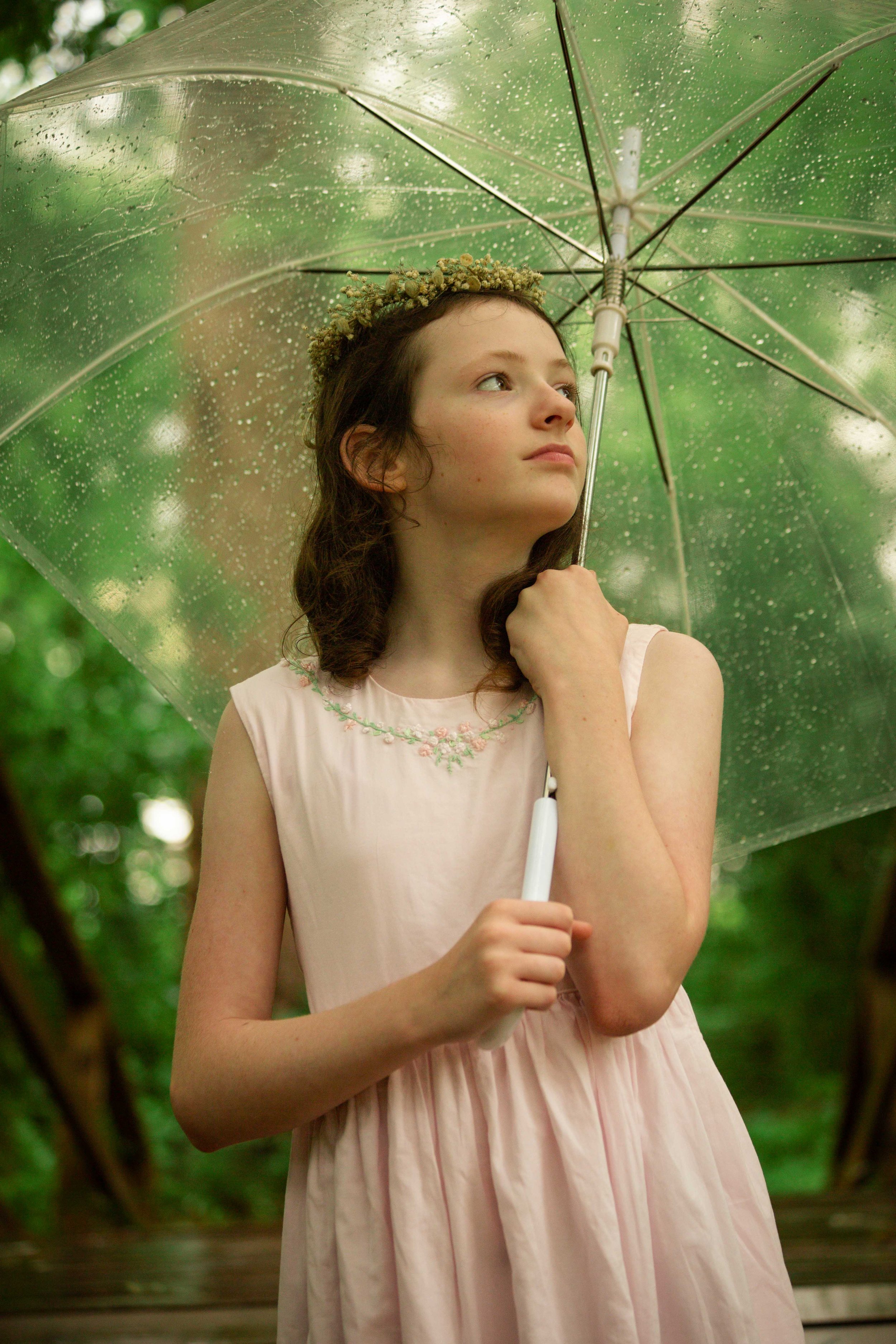 Portrait of a young girl with an umbrella photographed in Spring, TX