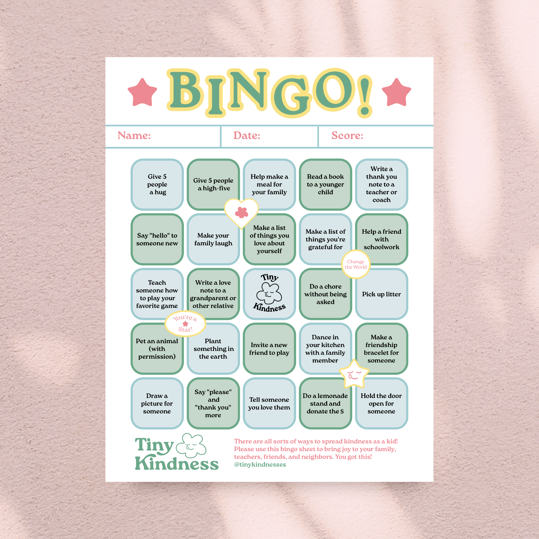 Printable Tiny Kindness Bingo Sheet- Tiny Kindnesses for Kids Edition