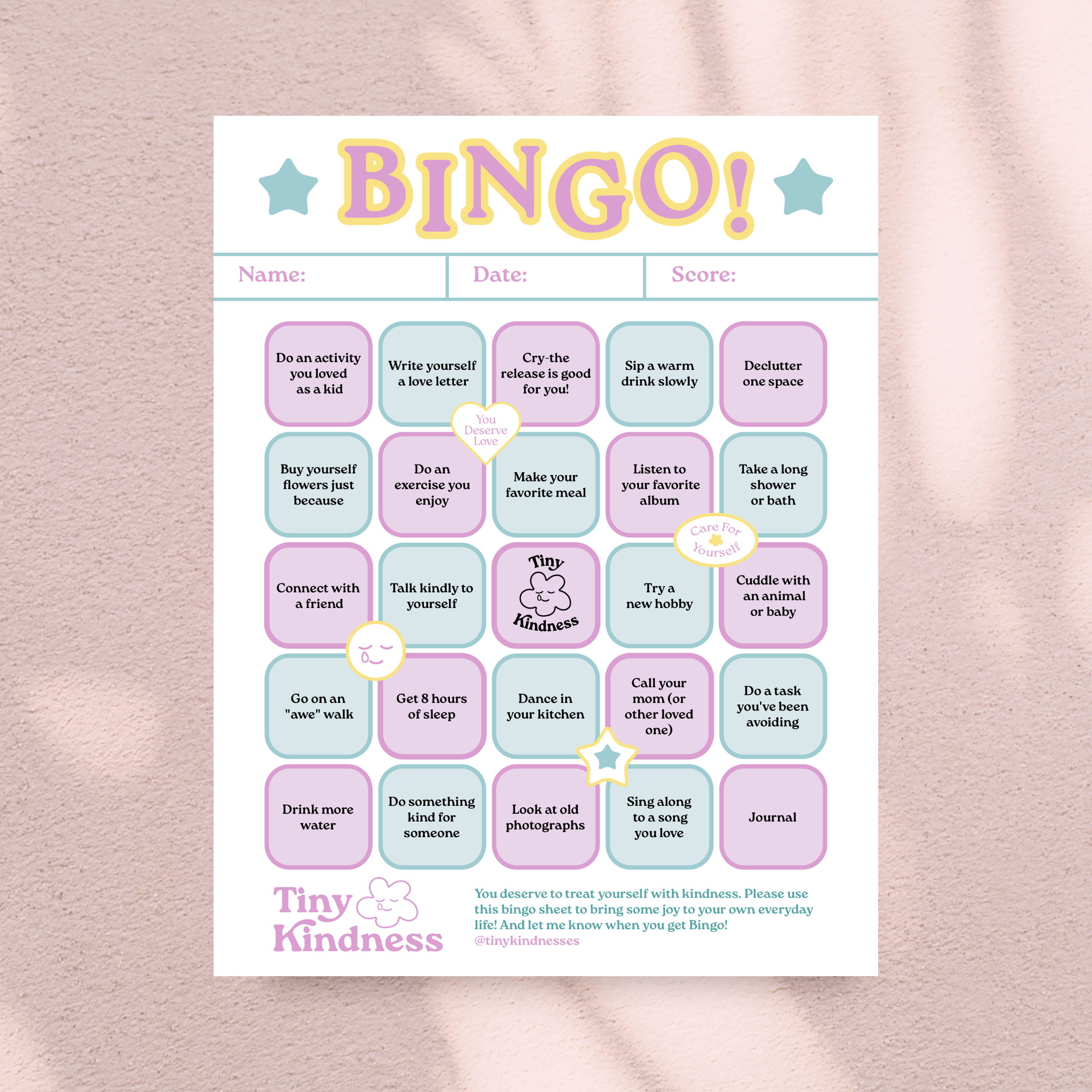 Printable Tiny Kindness Bingo Sheet- Tiny Kindnesses for Self Love Edition