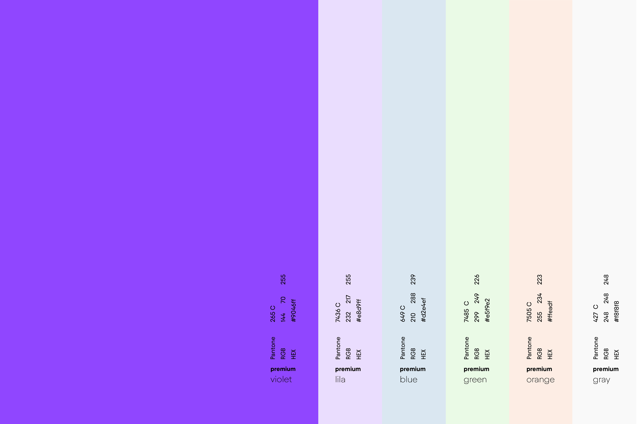 Farbpaletten mit den Farbcodes, Namen und Hex-Werten für violet, lila, blue, green, orange, grau, jeweils mit Pantone, RGB, HEX und Bezeichnungen.