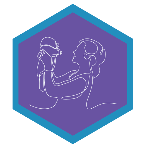 Line drawing of a mother holding a baby with headphones on the mother in a purple hexagon background.