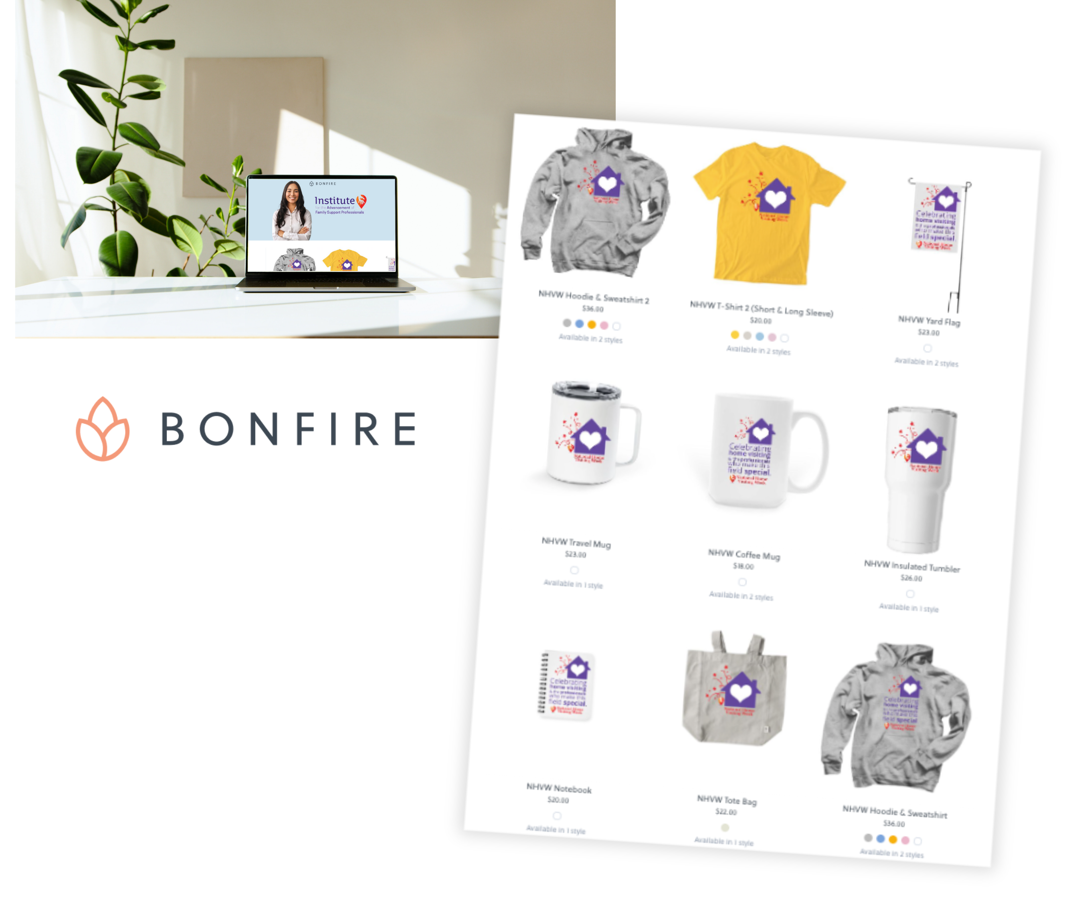 A laptop on a white desk displaying the Bonfire logo and a webpage with merchandise, including hoodies, t-shirts, mugs, a tote bag, and a yard flag, all featuring a purple house with a heart.