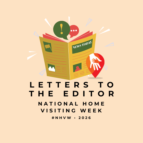 Illustration of a newspaper titled 'NEWS TODAY' with icons like speech bubbles, a location pin, and a photograph, promoting Letters to the Editor for National Home Visiting Week, 2026.