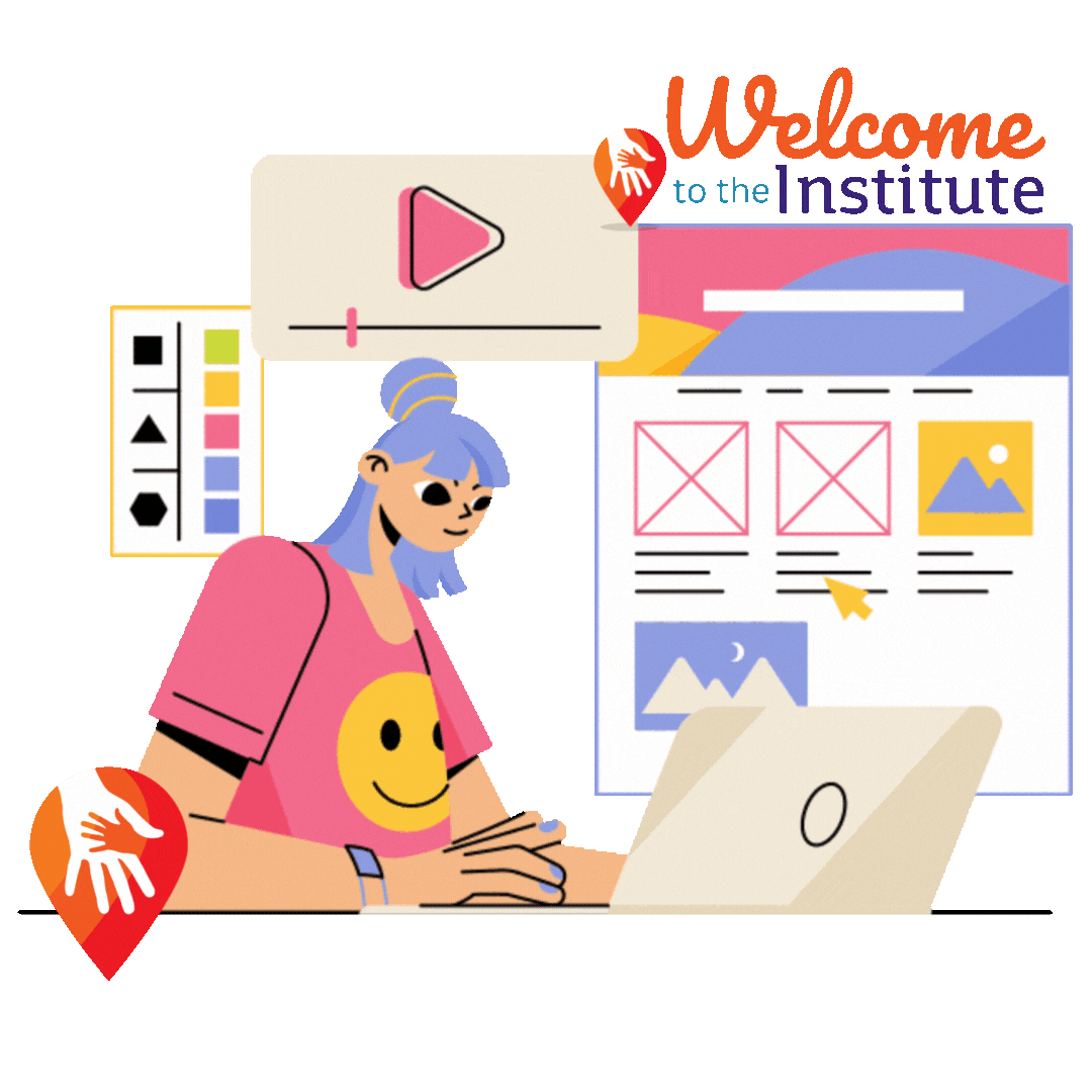 Illustration of a person with blue hair working on a laptop. The background features web design elements like icons, color palettes, and a video play button. Text reads "Welcome to the Institute."