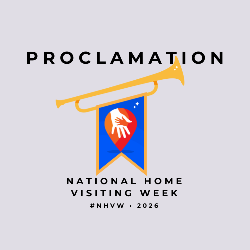 Design promoting National Home Visiting Week 2026, featuring a gold trumpet, a logo with a hand within a location pin, and the text 'PROCLAMATION,' 'NATIONAL HOME VISITING WEEK,' '#NHVW,' and '2026'.