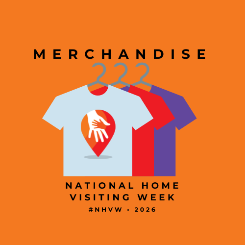 Graphic promoting merchandise for National Home Visiting Week 2026, featuring three T-shirts hanging on a rack with a hand and home icon, on an orange background.