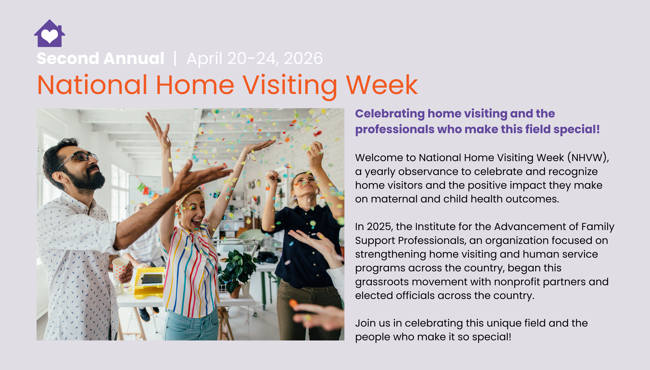 Celebration of people at an office party with confetti, smiling faces, and bright natural light, promoting National Home Visiting Week.