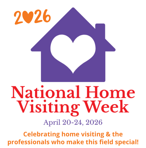 Purple house icon with a heart inside and the text '2026' in orange in the top left corner. The words 'National Home Visiting Week' in large red font, and the dates 'April 20-24, 2026' in purple below. An orange tagline at the bottom reads 'Celebrating home visiting & the professionals who make this field special!'