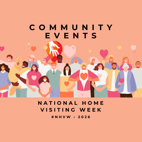 Illustration of diverse people celebrating community events for National Home Visiting Week 2026, with hearts and uplifting imagery.
