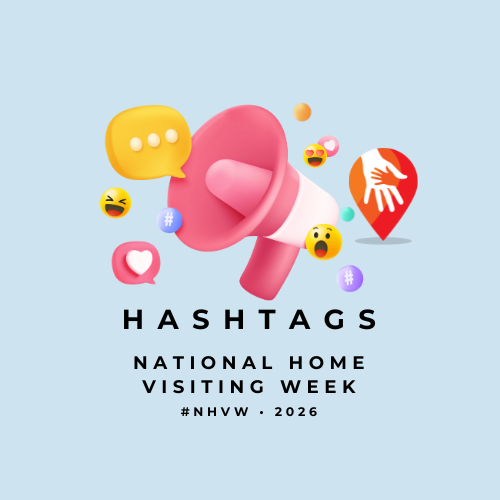 Illustration promoting National Home Visiting Week with a pink megaphone, social media icons, emojis, and a location pin on a light blue background, featuring hashtags and event details.