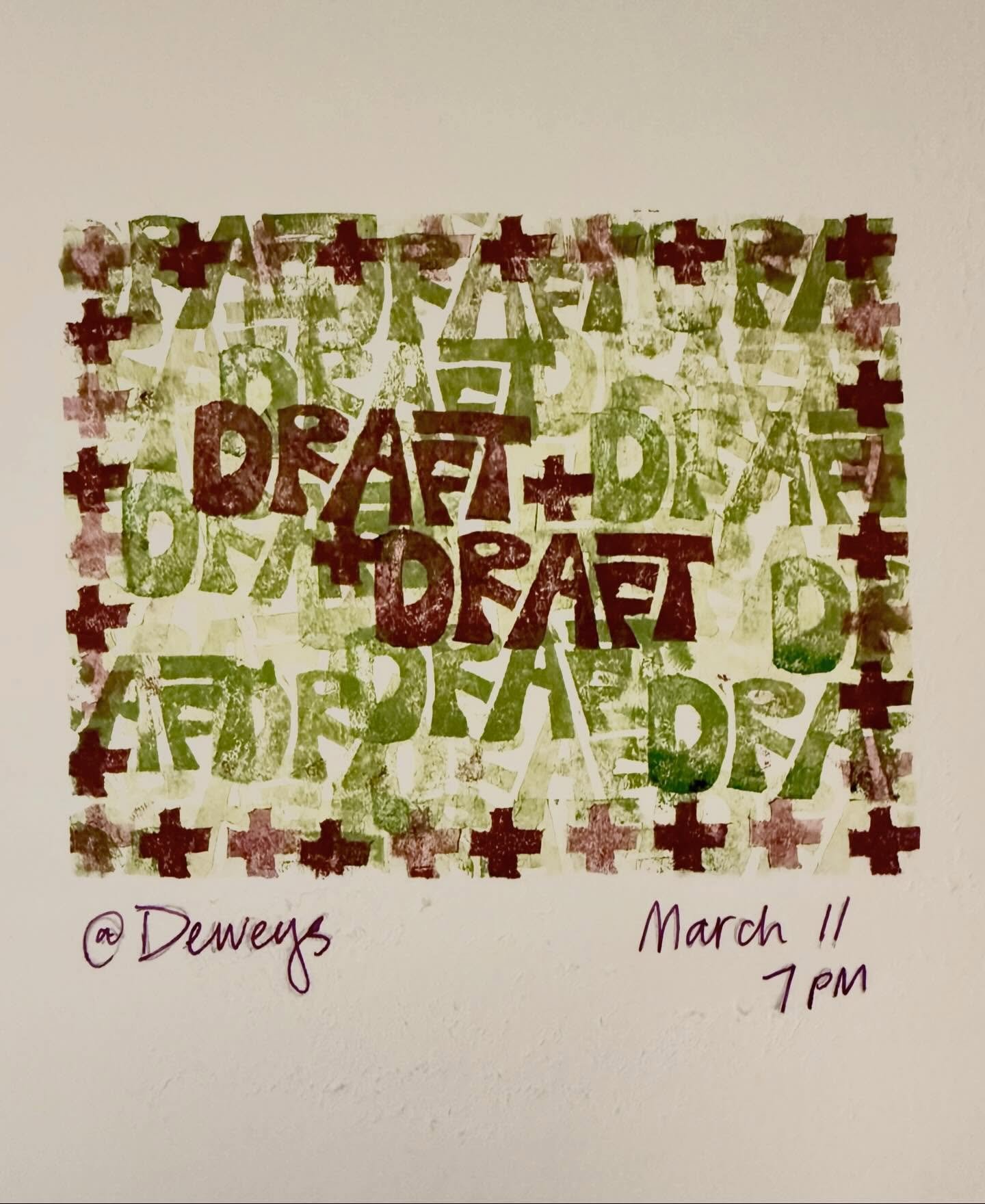 Just like that we&rsquo;re back to our regularly scheduled programming!! We know stoopfest stirred all your creative juices right up&hellip; come spill them onto the page at Draft + Draft this Wednesday. 7pm. Dewey&rsquo;s in the way back. Love u!