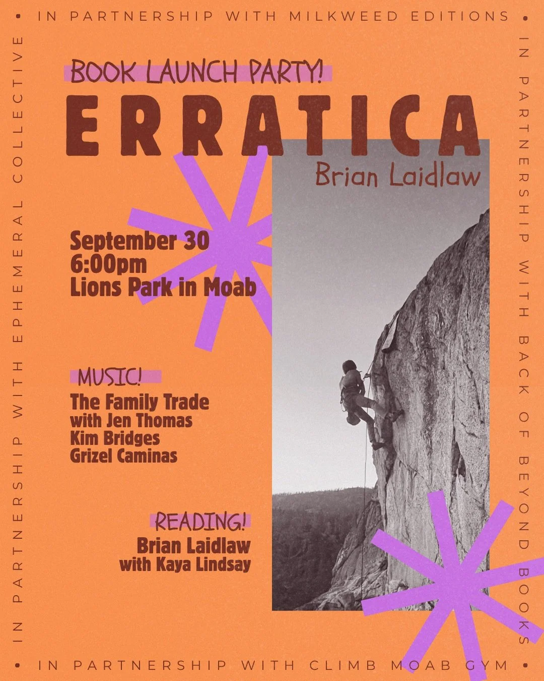 Party alert! Come celebrate the launch of Brian Laidlaw's newest book, "Erratica: On Climbing, Language, and Touching Stone." Festivities begin at 6pm on September 30 at Lions Park!! 

The evening will feature music from The Family Trade, w