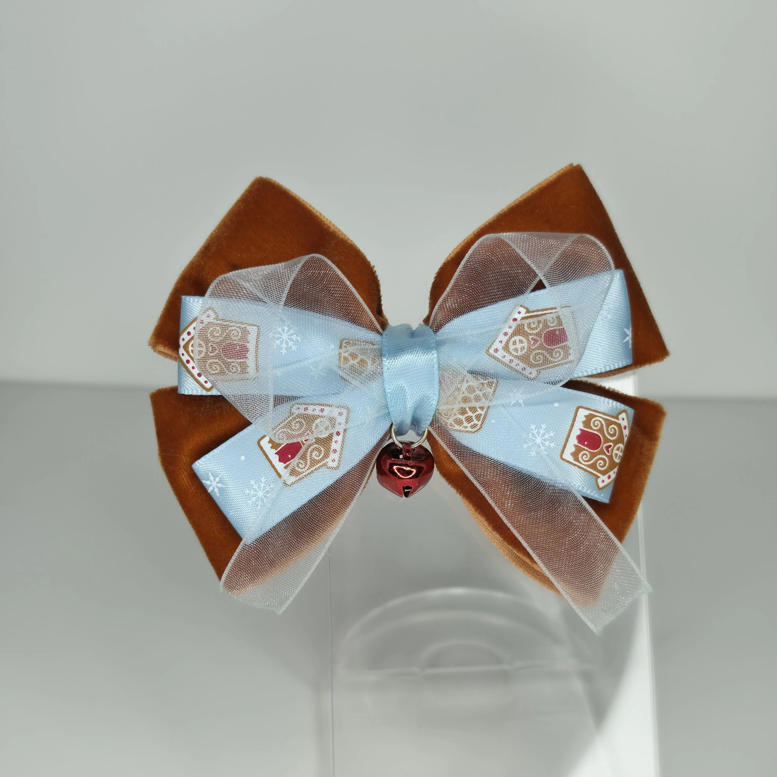 Jingle Bell Blue Gingerbread Bow Hair Clip