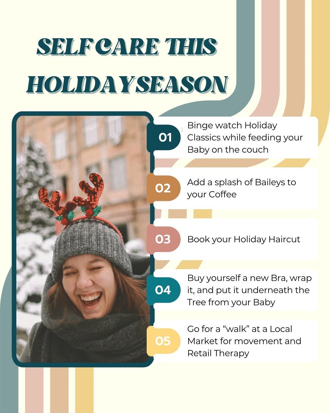 Self care doesn&rsquo;t have to be fancy, but it should definitely be more than just a shower. 

Comment your favourite or another fun suggestion for Mom&rsquo;s this holiday season! 🎄

#wildsunlactation #lactationconsultant #registerednurse #selfca