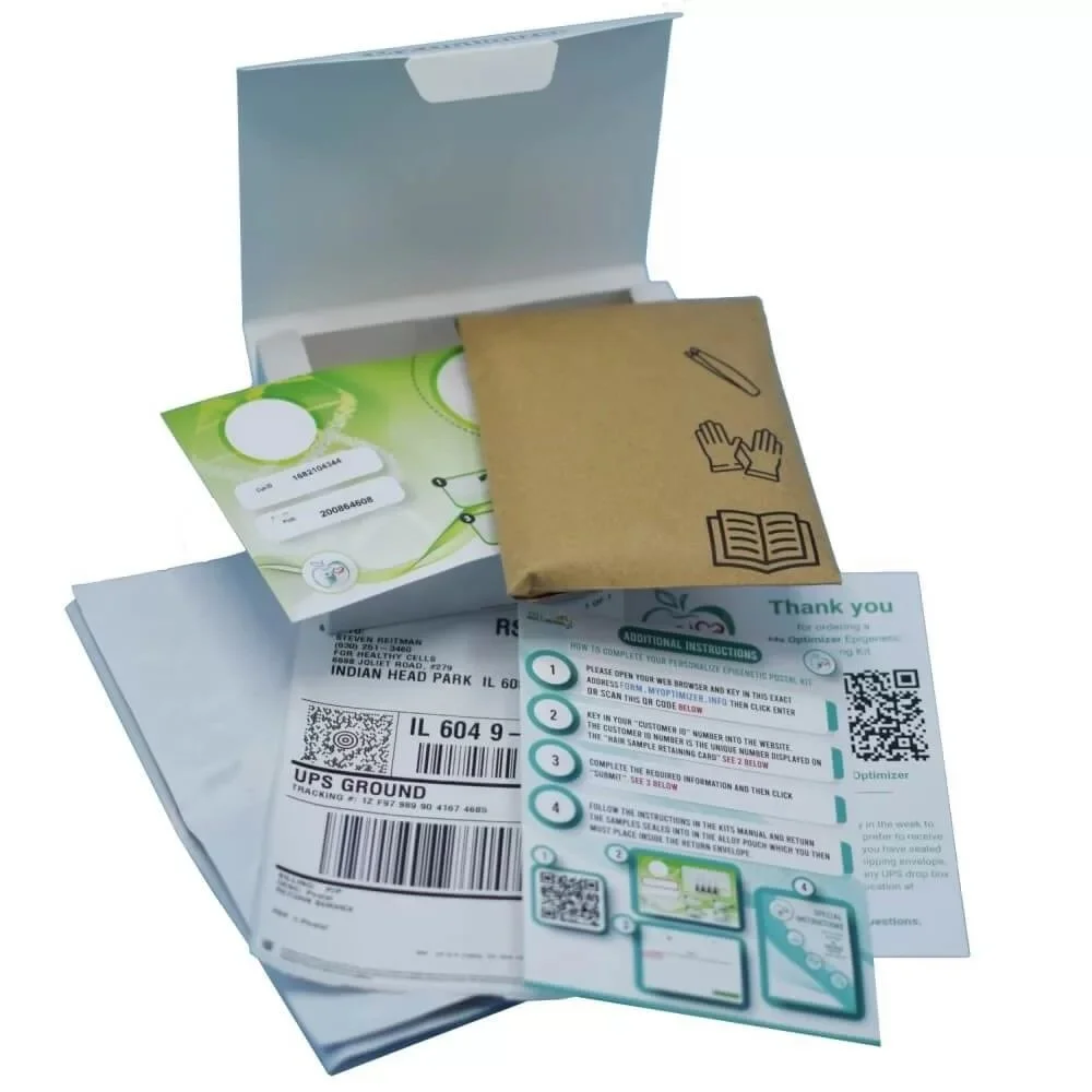 A kit with a cardboard envelope, a green and white card, a paper with instructions, a shipping label, and a small brown paper bag with instructional icons.