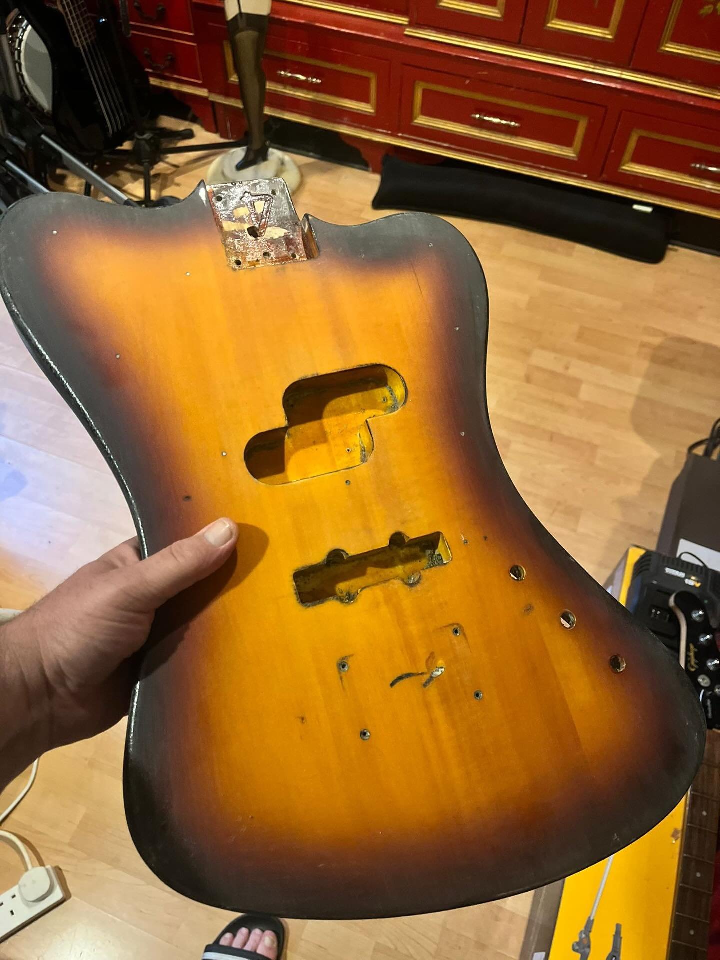 This one&rsquo;s been a fun project on a thunderbird bass. It was a bit of a blank canvas to play with. I&rsquo;ve given it a gloss coat respray to bring out that burst while keeping a vintage look, in house made Perspex pick guard, installed EMG Gee