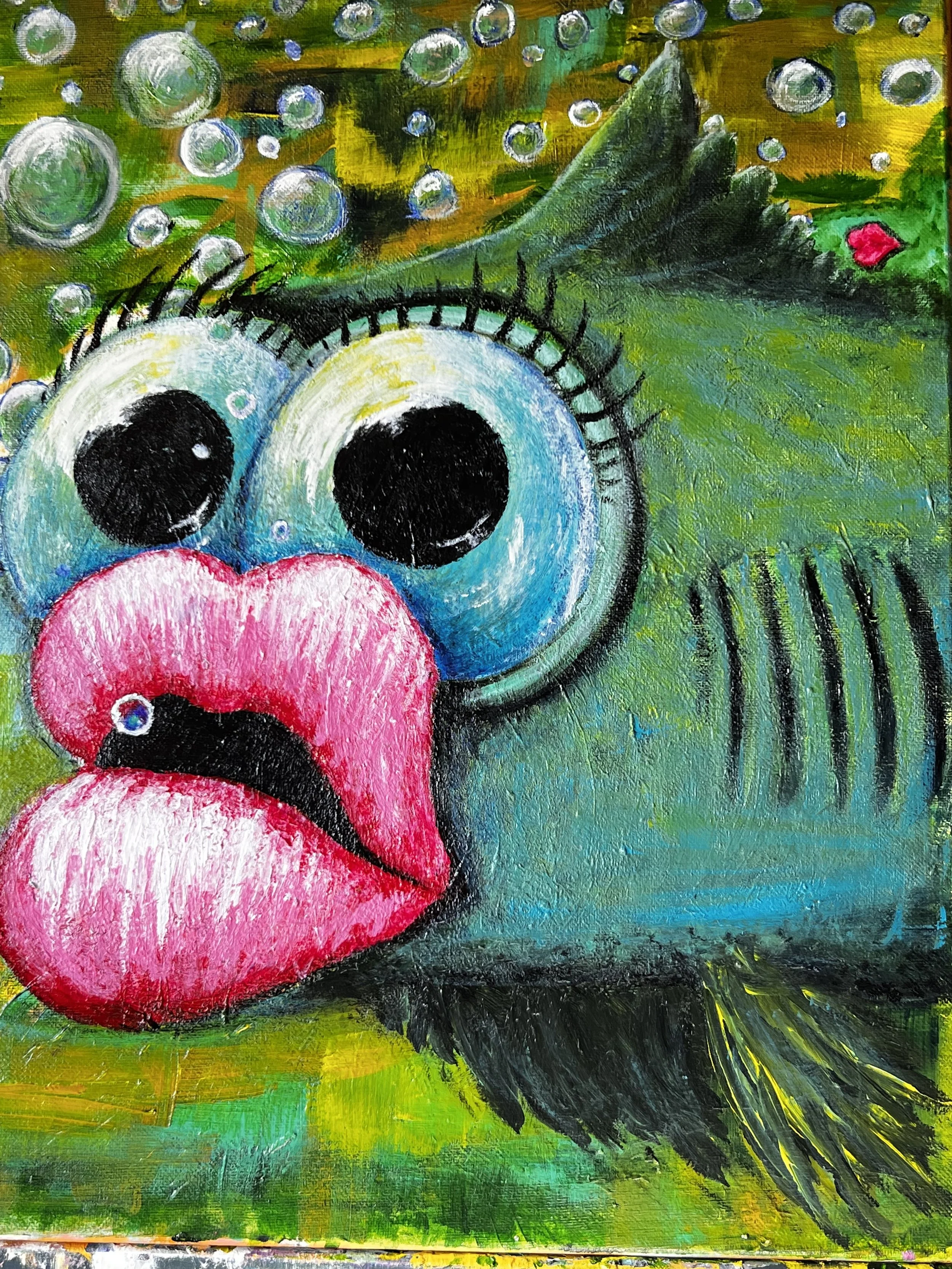 Colorful painting of a fish with large eyes, pink lips, and vibrant green, blue, and yellow background, featuring bubbles and a small red flower.