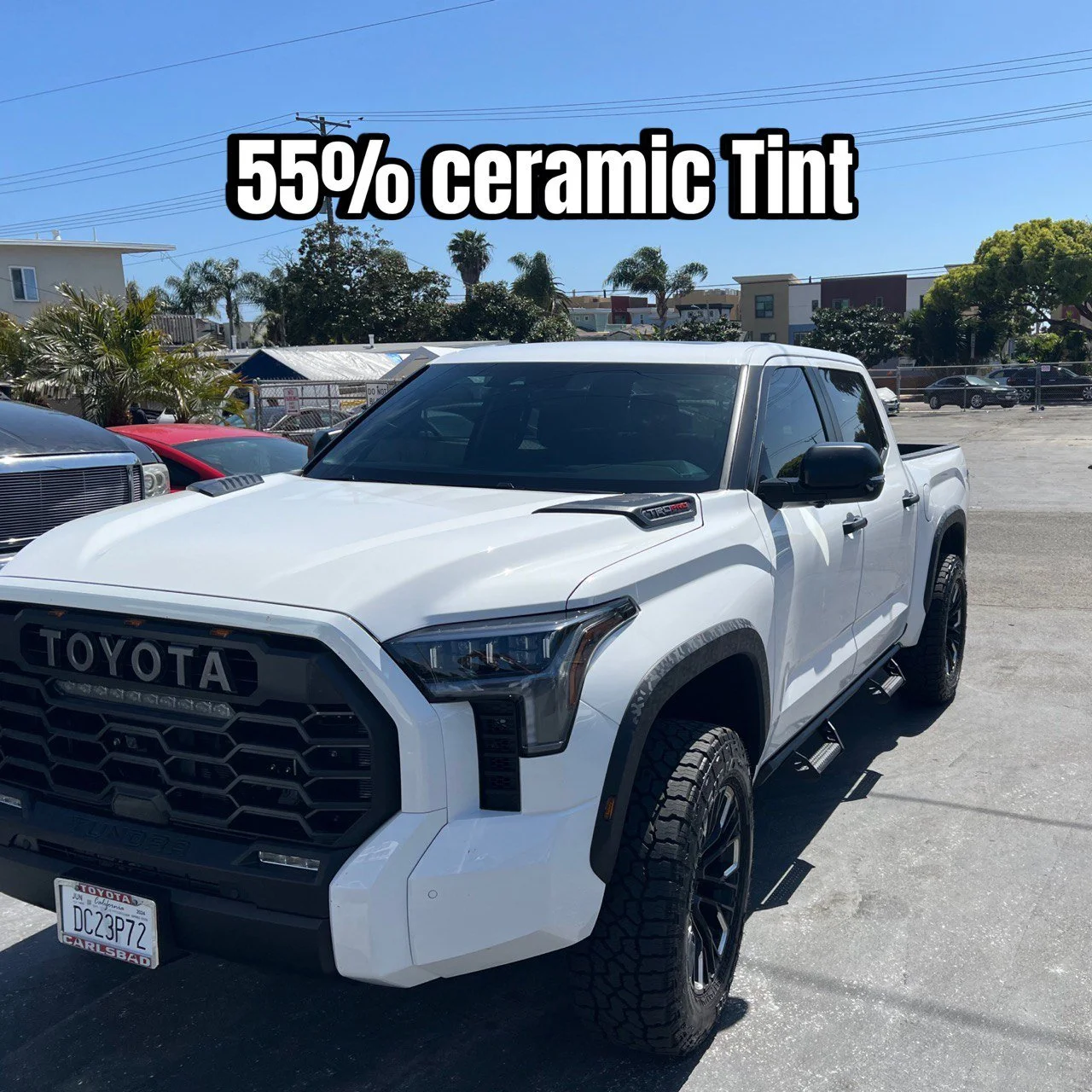 Ceramic IR windshield tint diagram showing heat rejection, UV protection and high visible light transmission – Oceanside Tint & Glass