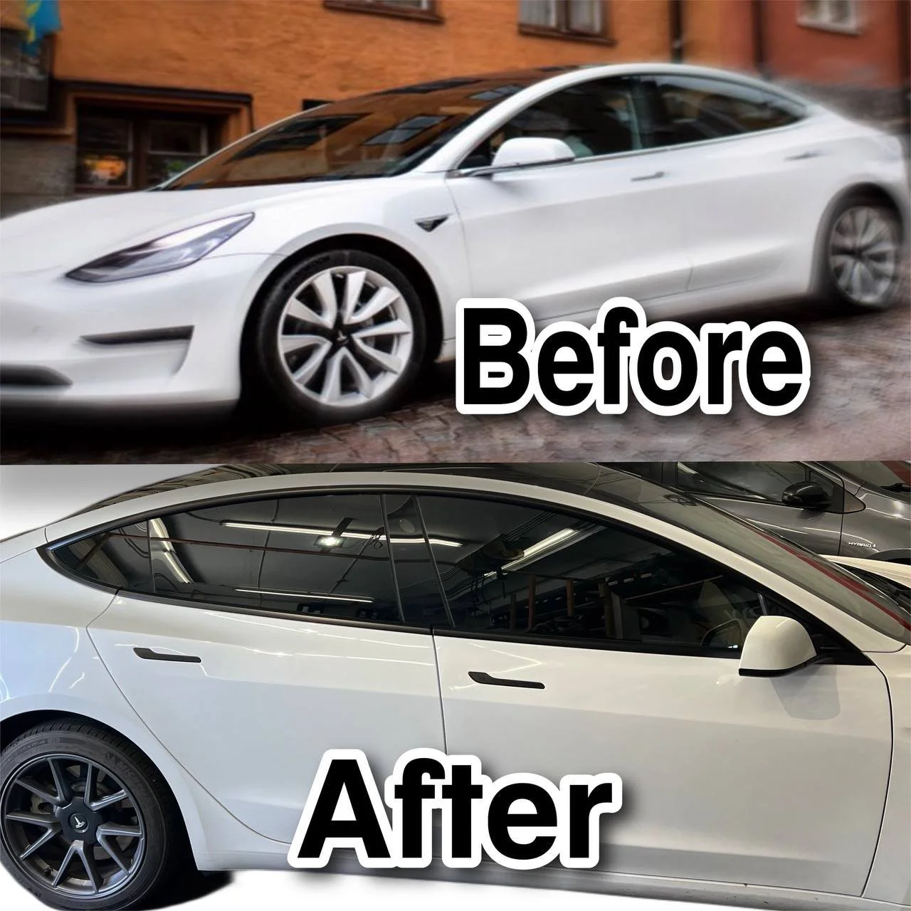 Before and after Tesla Model 3 ceramic IR window tint – full rear privacy tint, UV and heat rejection – Oceanside Tint & Glass