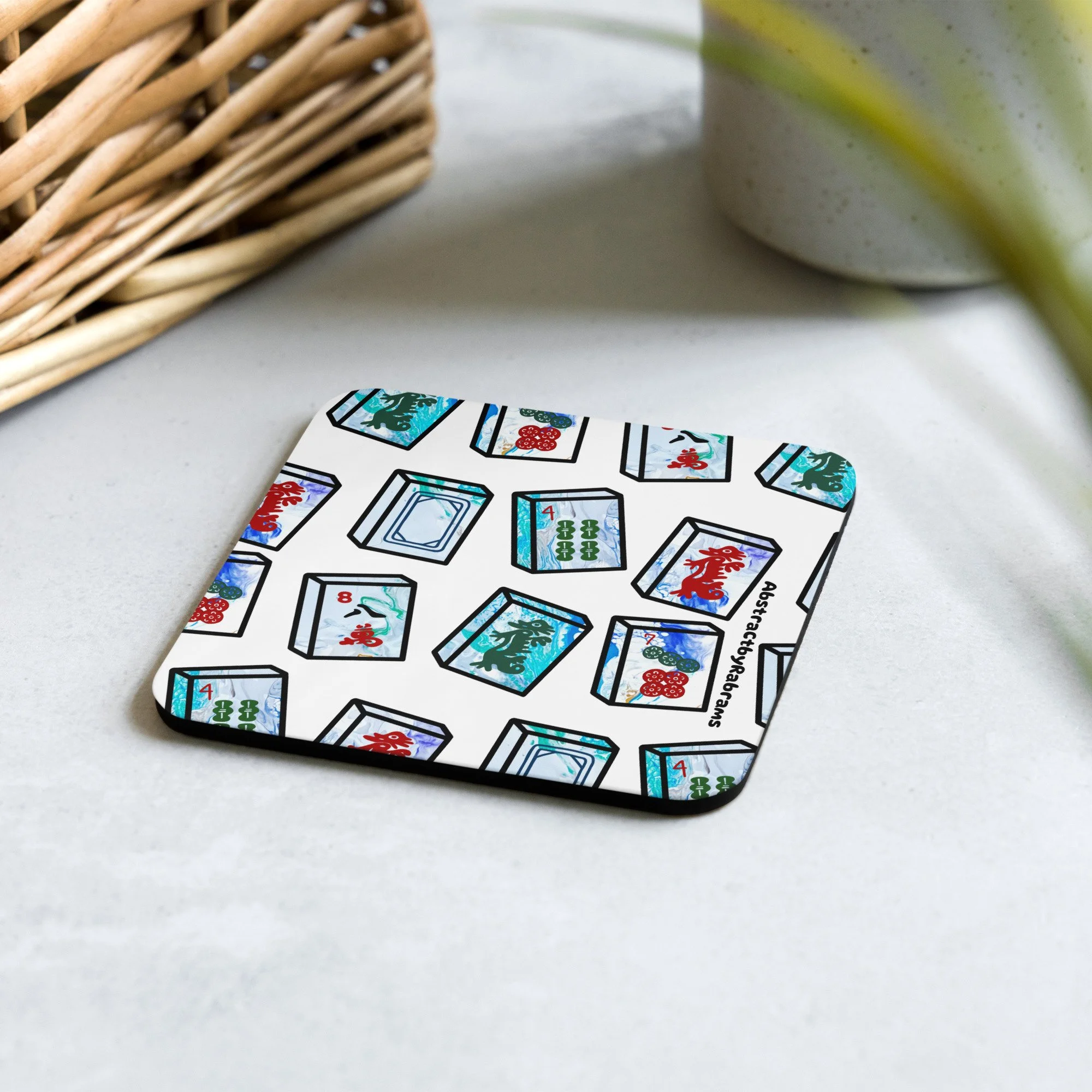 Blue Mahjong Tiles Coaster - Cork-Back Coaster - 1 Coaster - AbstractbyRabrams -