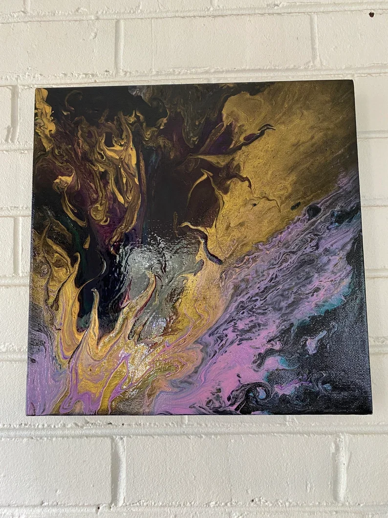 Golden Flame - 12"x12" Abstract Pour Painting - AbstractbyRabrams -
