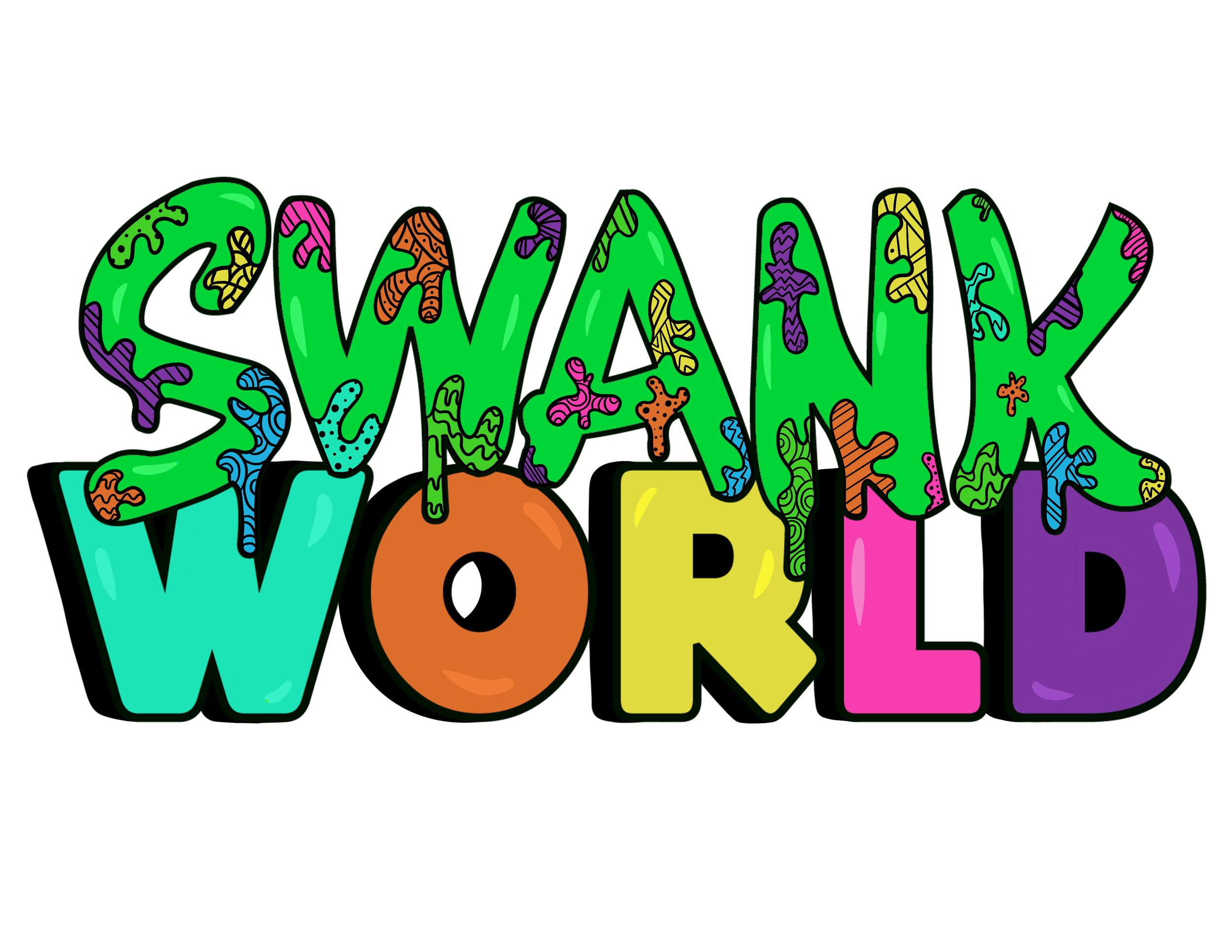 Colorful text that reads 'Swank World' with a black background. The word 'Swank' is stylized with bright colors and patterns, and the word 'World' is in large, bold, colorful letters.
