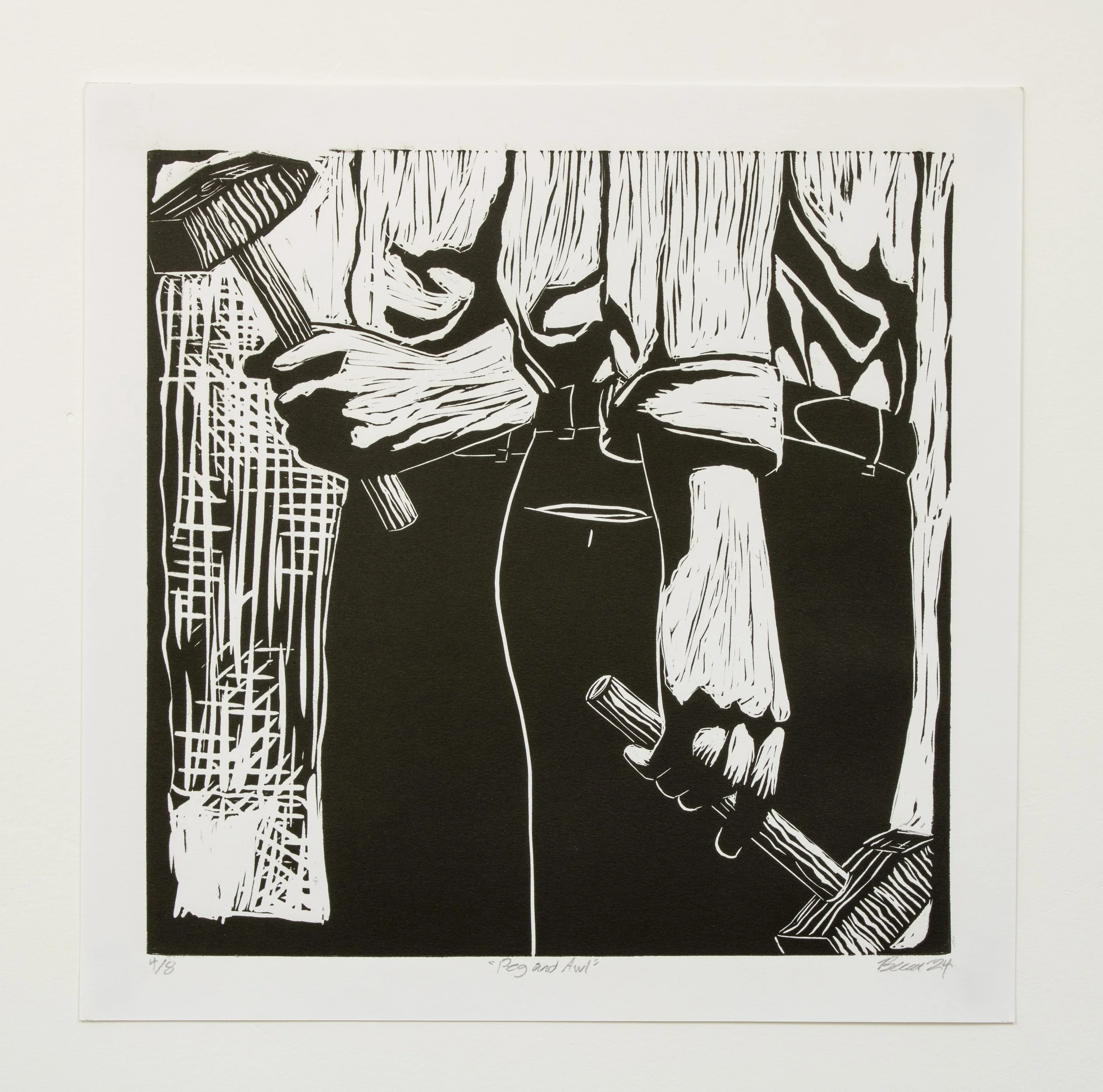 "Peg and Awl", Block print, 14 x 14", 2024
