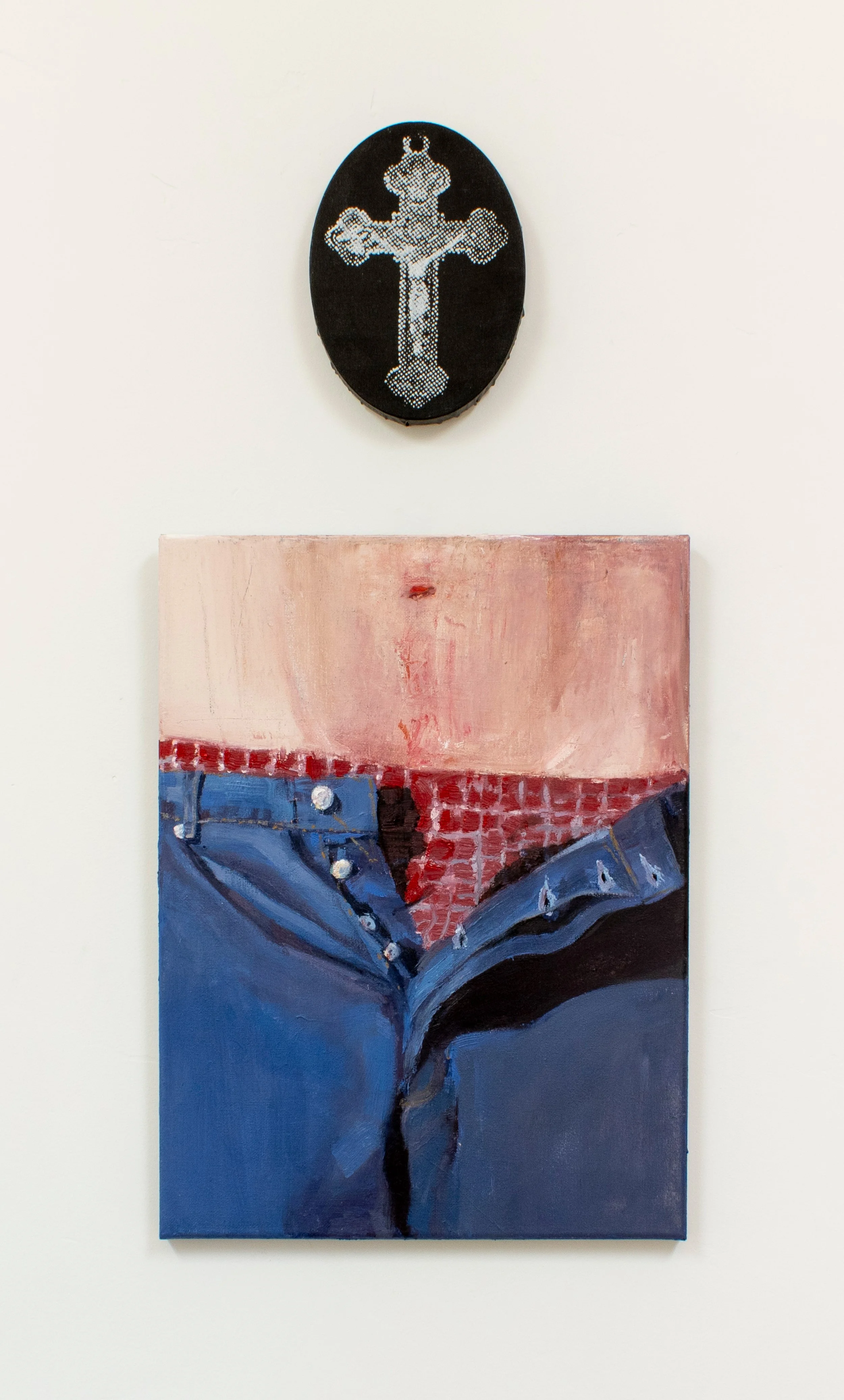"Half-toned Christ #4", Silkscreen and acrylic on canvas, 5 x 7" / "Button Fly", Oil on canvas, 12 x 16", 2024