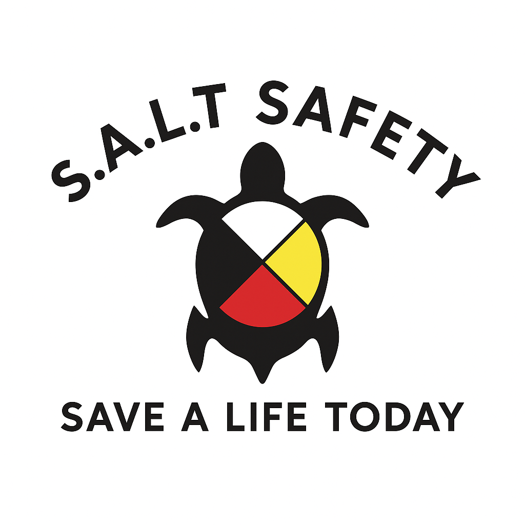 Logo featuring a turtle with a shell divided into black, red, yellow, and white segments, with the text "S.A.L.T SAFETY" above and "SAVE A LIFE TODAY" below.