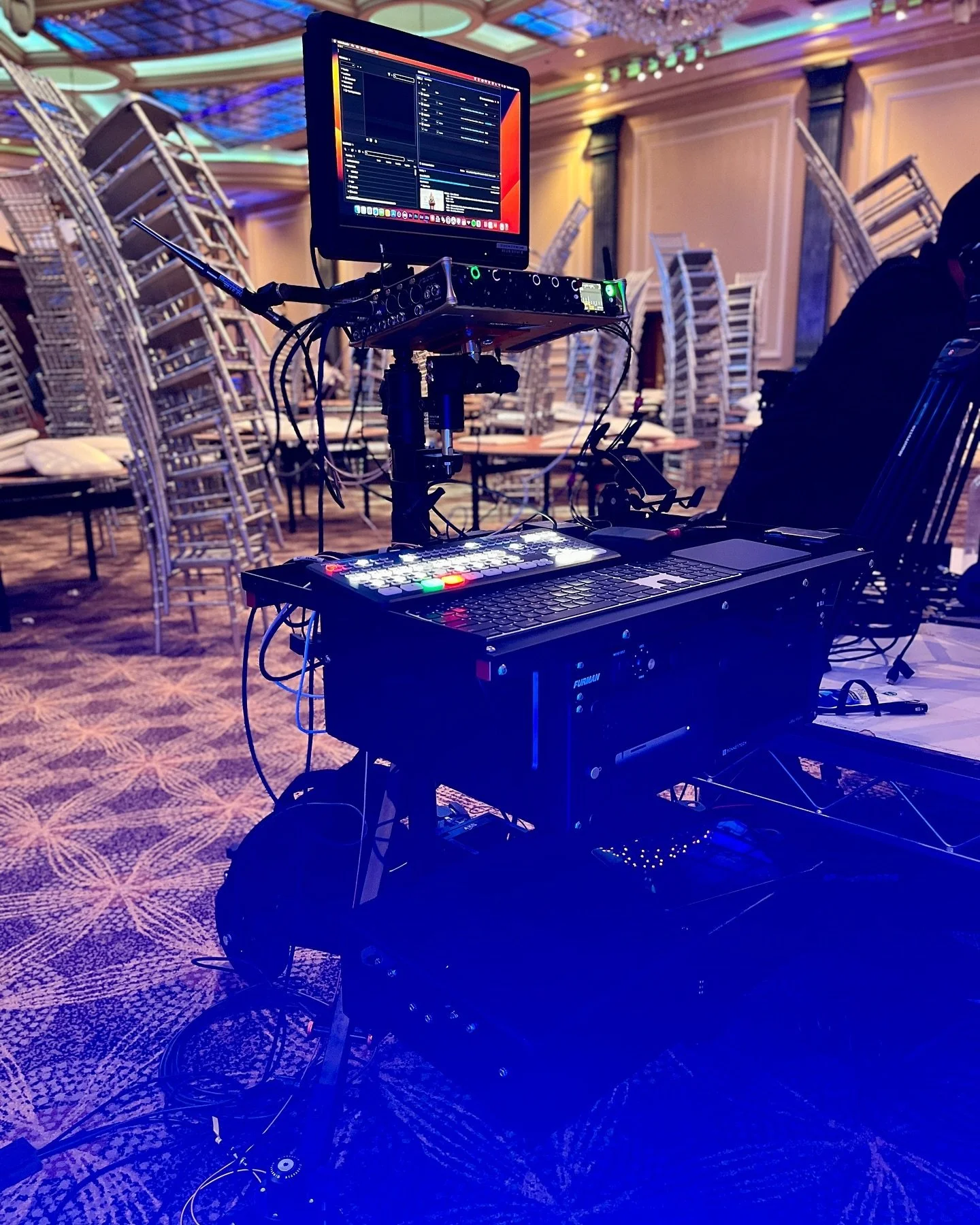 USGBC Green Gala 2024 Here I am mixing the live audio on the iPad (QL5) and the program feed on the Sound Devices Scorpio. I am also live editing the 2 cams and playback PC on the Atem switch.

I&rsquo;ve also included two ambience mics on the cart a