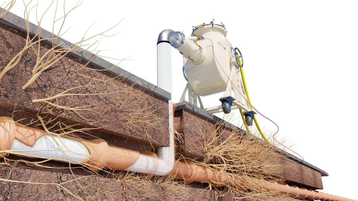 A septic tank pumping system in operation, with a vacuum truck removing waste from an underground septic tank, which is connected to underground pipes, in a residential property.