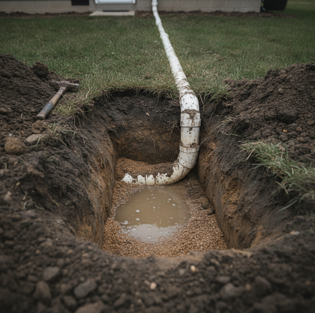 section of buried sewer pipe sagging low underground