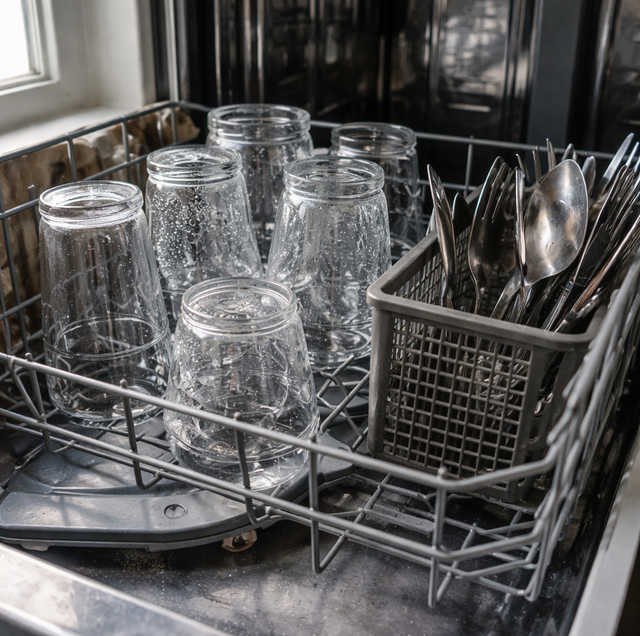 white mineral film on dried glass tumblers from dishwasher
