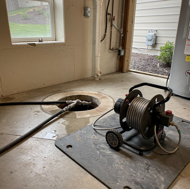 technician comparing steel auger cable and high pressure water hose