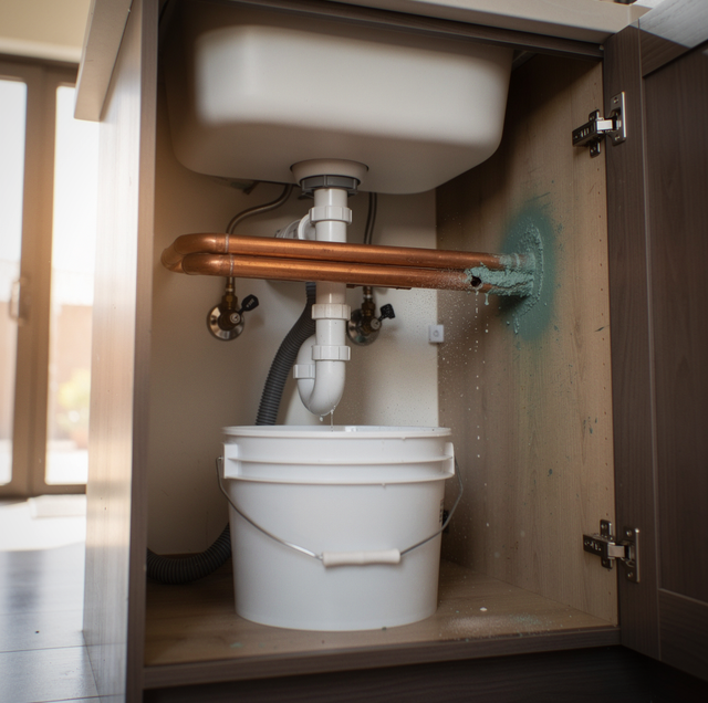 Under-sink plumbing with white basin, copper pipe, metal fixtures, and flexible hose inside an open cabinet.