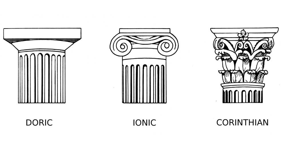 Line drawing of Doric, Ionic and Corinthian capitals, each with fluted shafts and simple labels showing the three Greek orders.