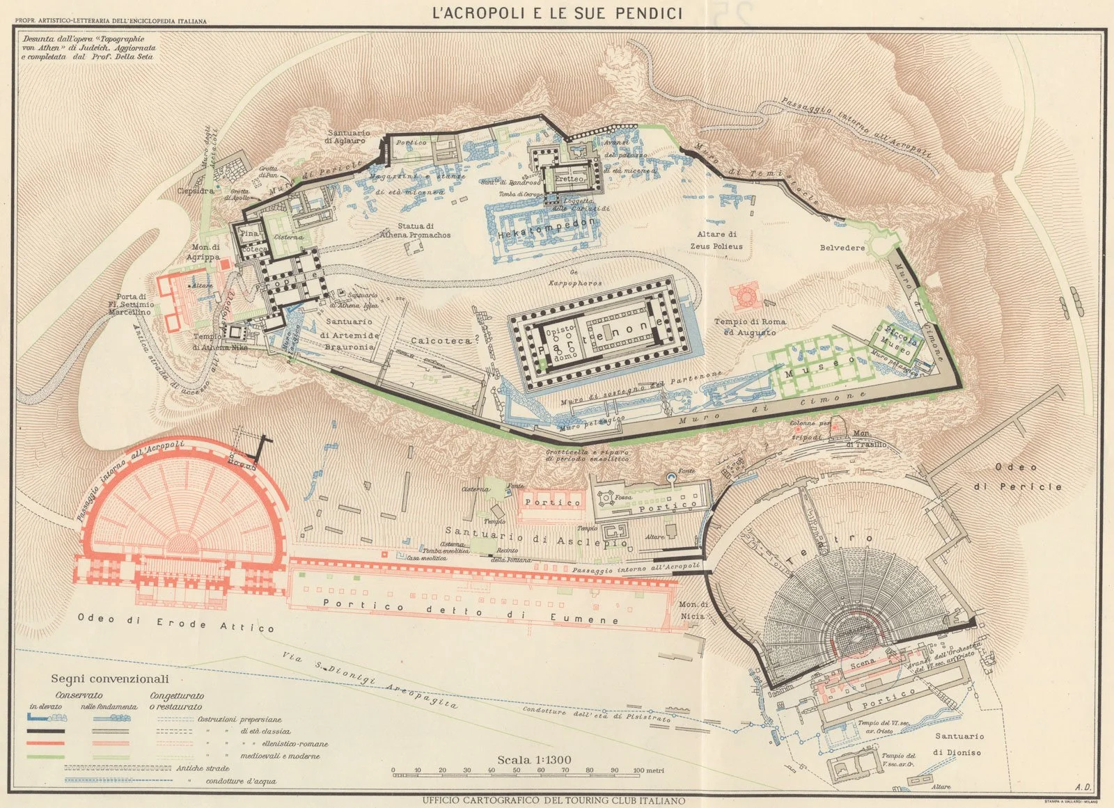 Historic map showing the Acropolis and surrounding slopes with labeled monuments.