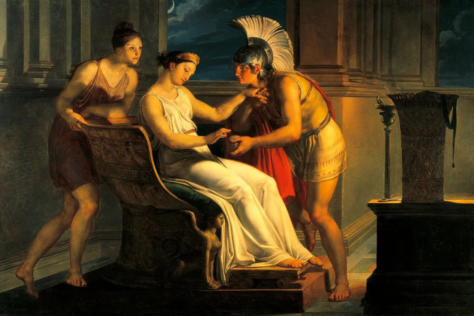 Neoclassical painting by Pelagio Palagi showing Ariadne seated as she hands the thread to Theseus.