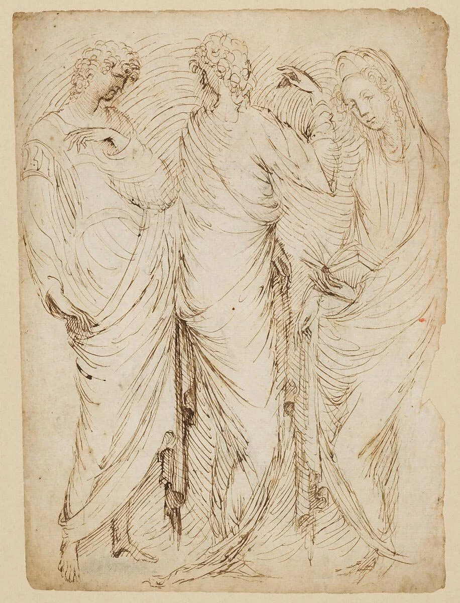 Renaissance pen drawing of three draped figures with fast, flowing contour lines.