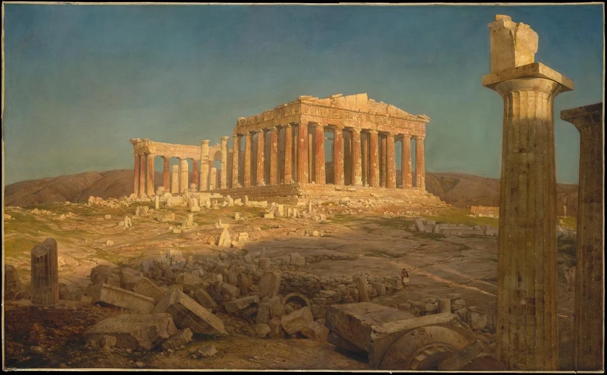 Painting of the Parthenon ruins with broken columns and warm light across the landscape.