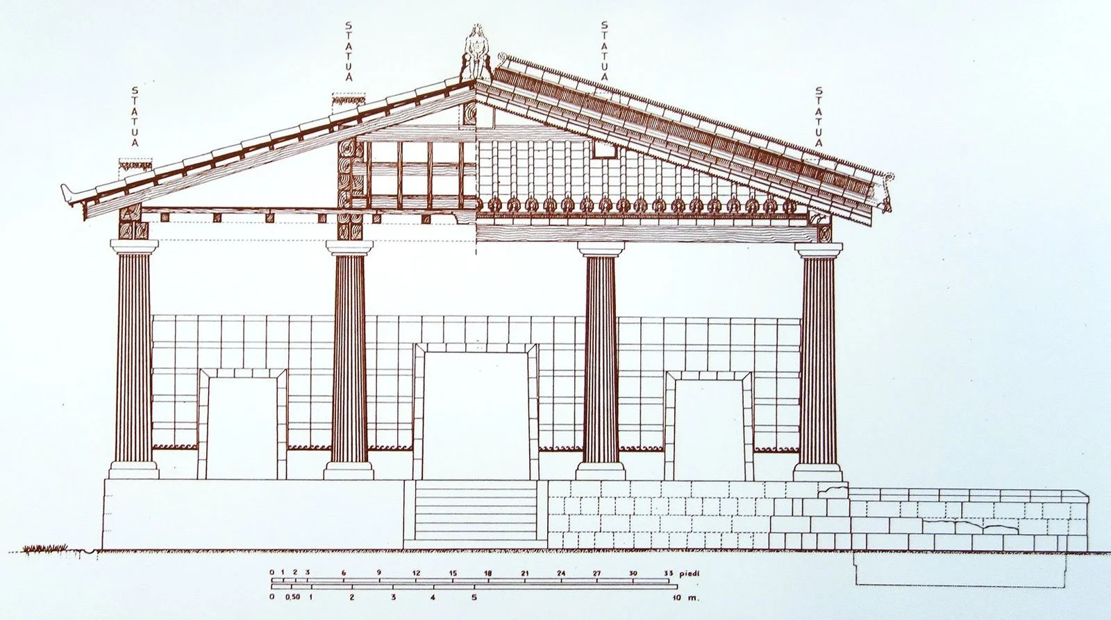 Facade reconstruction drawing of the Temple of Minerva at Veii with a deep porch and three cellae.
