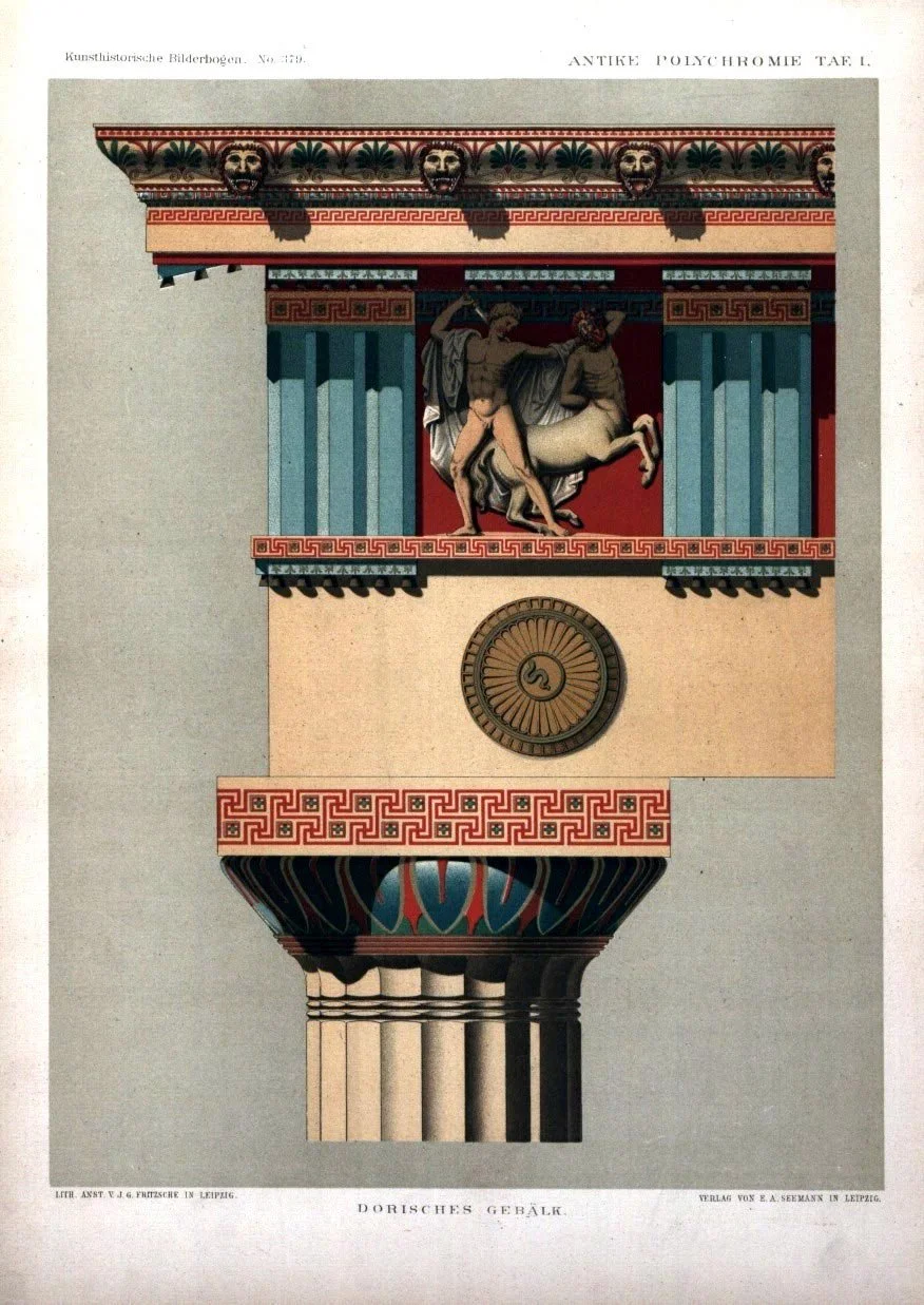 Historical color reconstruction of a Doric entablature with a painted metope scene.