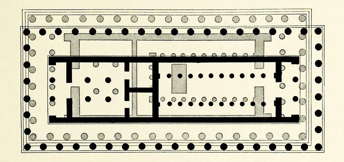 Plan diagram of the Parthenon with the column grid marked as black circles.
