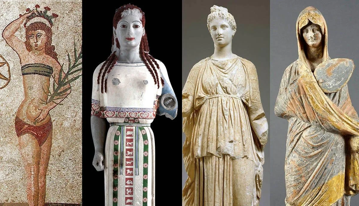 Composite image of mosaic and sculptures, some vividly repainted and others bare stone, illustrating the lost polychromy of antiquity.