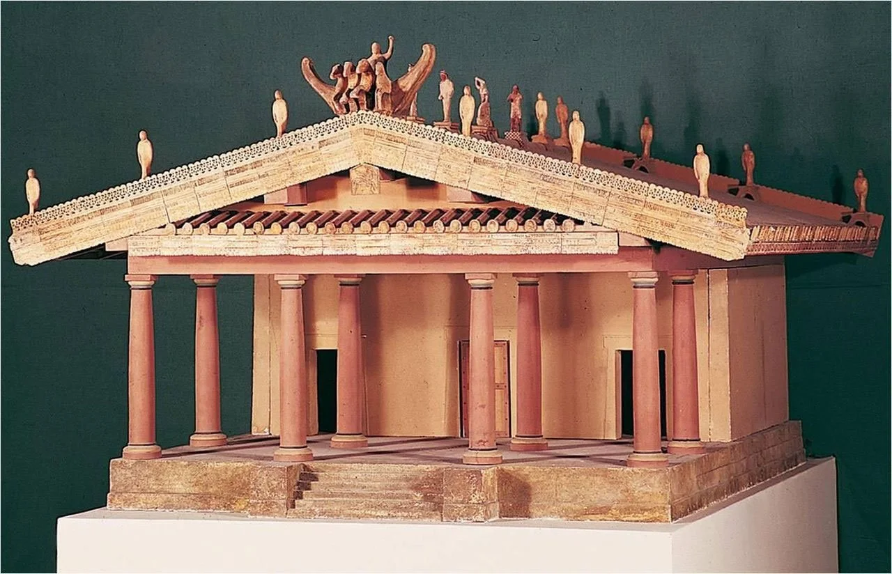 Reconstruction model of the Portonaccio Temple at Veii with columns and roof sculpture.