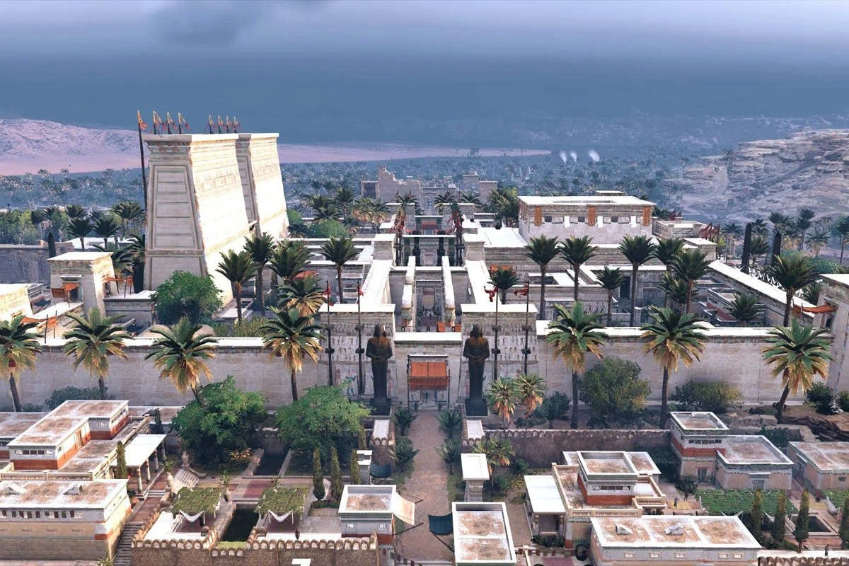Bird’s-eye rendering of a lush temple complex with pylons and palms.