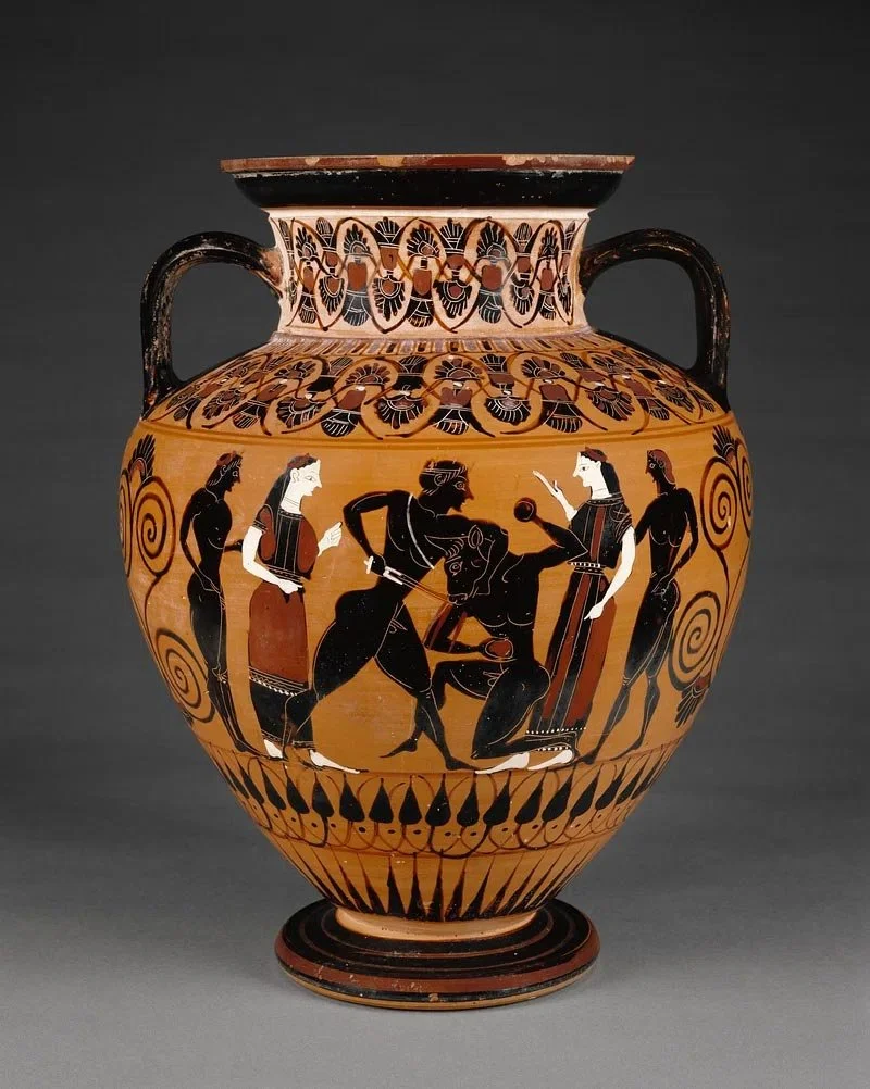 Large black-figure amphora with Dionysian figures in motion, cloaks swirling around bearded men and musicians on terracotta.